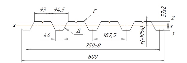 Нс 57. Профлист н57 чертеж. Профнастил h57-750-0.8. Профлист н57 750 0 7 характеристики. Профлист 57-750-0.8.